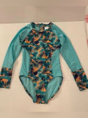 Long-Sleeve Kids Tropical One-Piece Swimsuit - Aqua/Peach. Sz. 14/16